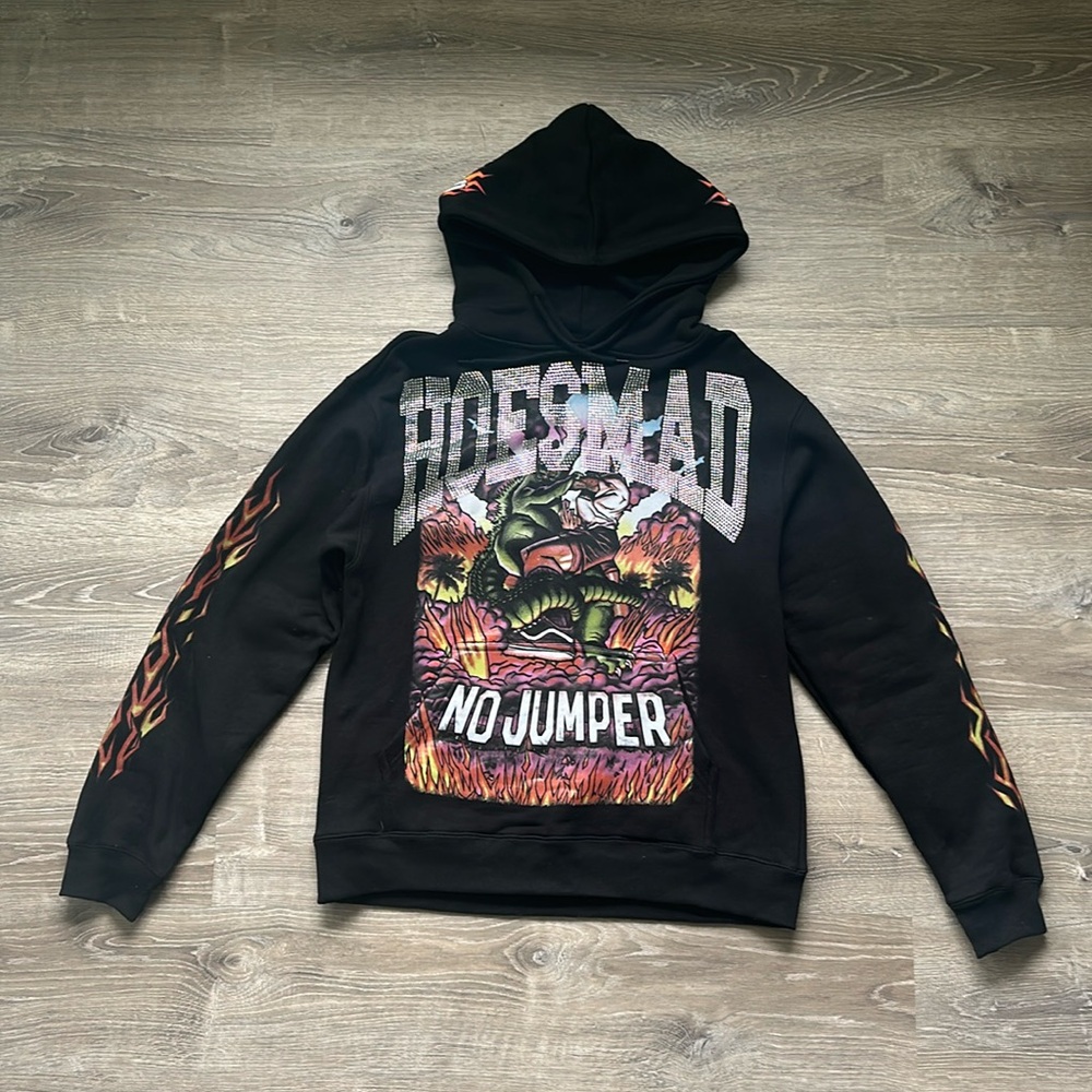 HOES MAD X NO JUMPER Black Godzilla Vs Man Graffiti Art Sequin Pullover Sweater
